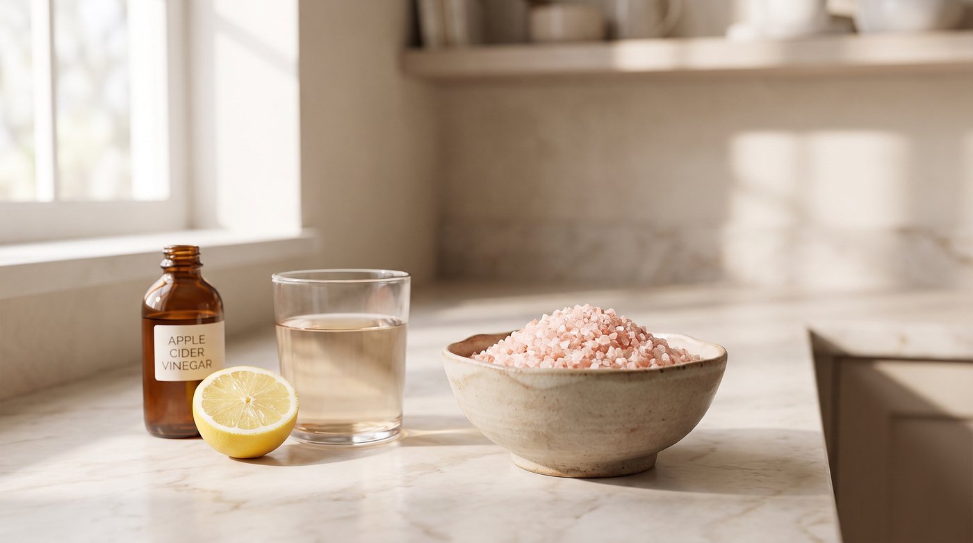 Un bol de sel rose de l'Himalaya, un verre d'eau, un demi-citron et une bouteille de vinaigre de cidre sur un plan de travail en marbre